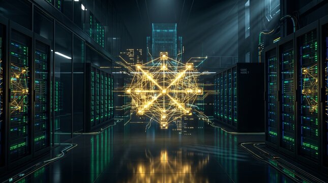 futuristic server room node with glowing golden digital data streams