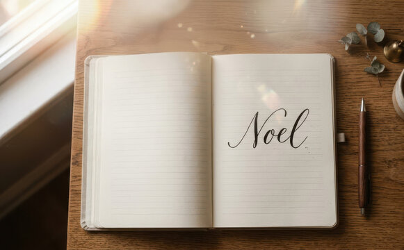 Open notebook with calligraphy word Noel on wooden table near window and pen for holiday planning