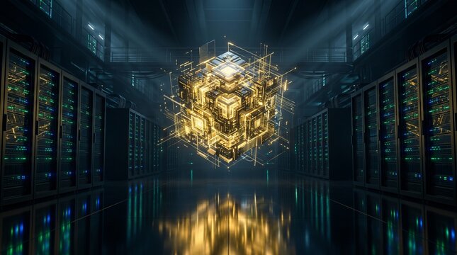 futuristic server room node with glowing golden digital data streams