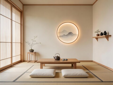 Minimalist Japanese tatami room with shoji screen low wooden table cushions circular mountain wall art and floating shelf