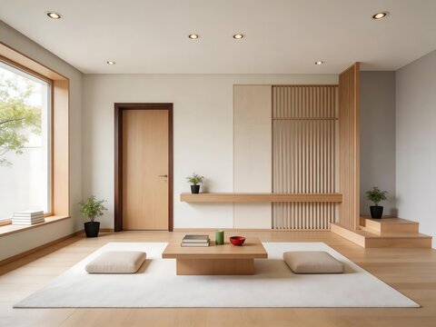 Modern minimalist Japanese-style living room with wooden furniture tatami mat area shoji screen partition and large window