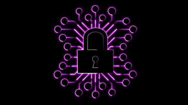 Neon Padlock and Circuit Board Icon on Black Background abstract blue