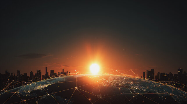 Sunset at Smart digital Innovation city with connection network reciprocity over the city of future smart wireless digital city and social media networking systems that connects people with in city