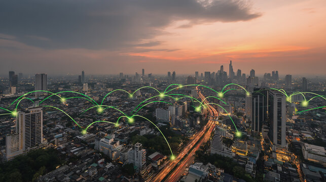Sunset at Smart digital Innovation city with connection network reciprocity over the city of future smart wireless digital city and social media networking systems that connects people with in city