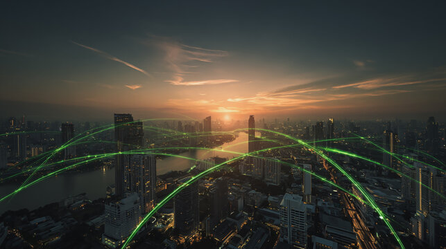 Sunset at Smart digital Innovation city with connection network reciprocity over the city of future smart wireless digital city and social media networking systems that connects people with in city