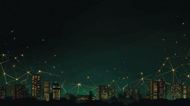 Sunset at Smart digital Innovation city with connection network reciprocity over the city of future smart wireless digital city and social media networking systems that connects people with in city