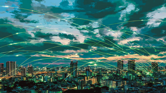 Sunset at Smart digital Innovation city with connection network reciprocity over the city of future smart wireless digital city and social media networking systems that connects people with in city