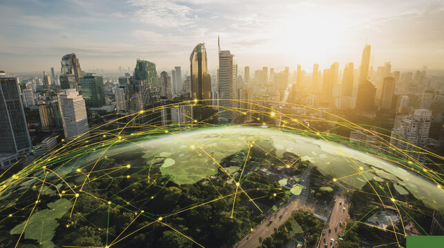 Sunset at Smart digital Innovation city with connection network reciprocity over the city of future smart wireless digital city and social media networking systems that connects people with in city