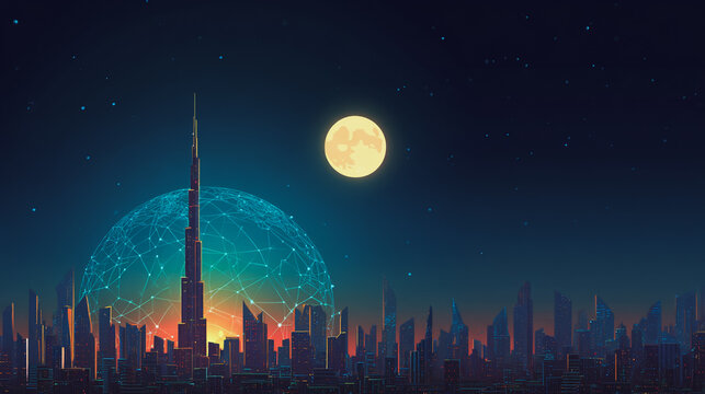 Sunset at Smart digital Innovation city with connection network reciprocity over the city of future smart wireless digital city and social media networking systems that connects people with in city