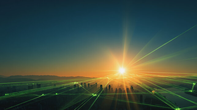 Sunset at Smart digital Innovation city with connection network reciprocity over the city of future smart wireless digital city and social media networking systems that connects people with in city