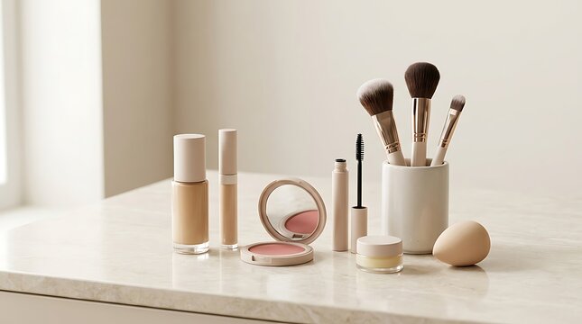 Set of makeup brushes and cosmetic products on a clean bathroom counter in soft morning sunlight. beginner makeup