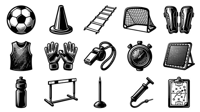 Soccer Football Training Gear Equipment Set Vector Illustration in Vintage Black and White Line Art Style