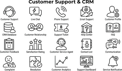 Fototapeta premium Customer Support and CRM Icon Set, 20 Professional Business Service Line Icons, Customer Relationship Management Vector Graphics for Web and Apps