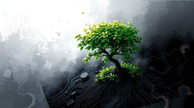 Green leaves emerge from a small tree on a circuit board background blending elements of nature and technology in an artistic representation of growth