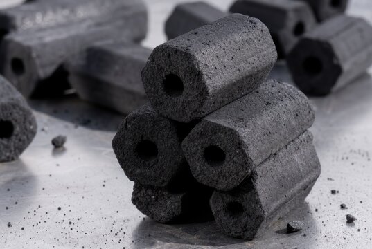 Black porous charcoal briquettes stacked on concrete surface, close-up industrial texture for barbecue grill fuel, rough natural material with minimalist composition