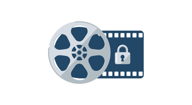 Video Security and Content Protection Concept with Film Reel and Padlock Icon on Movie Strip, Digital Rights Management Illustration