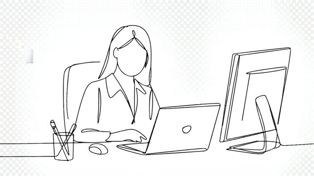 Minimalist Single Line Art Illustration of a Business Woman Working at a Desk with Computer Equipment
