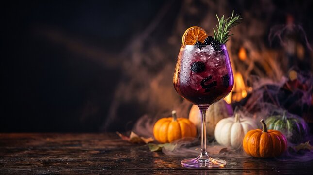 Spooky Halloween Blackberry Cocktail with Pumpkins and Smoke