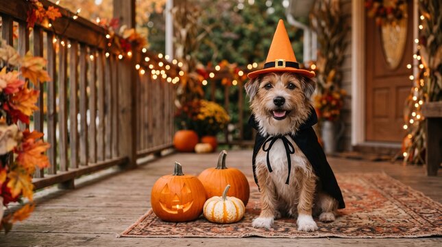 Cute dog wearing a witch hat and cape sitting on a porch with pumpkins for Halloween