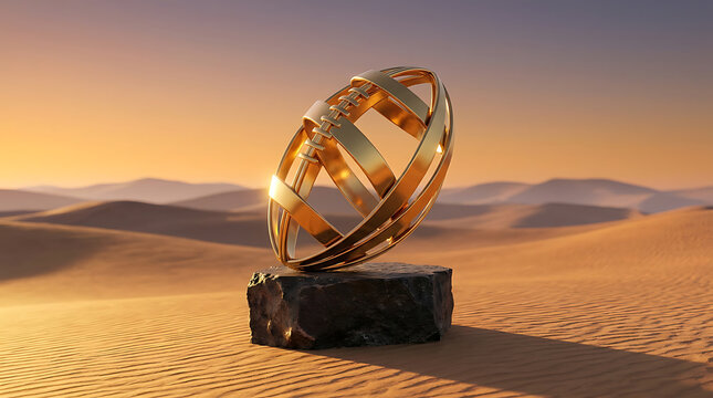 A golden, intricate, spherical sculpture resembling an armillary sphere, resting on a dark rock pedestal in a vast desert landscape under a warm, golden hour sky.