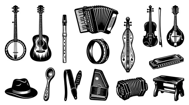 Black and White Vector Icons of Folk Musical Instruments and Accessories