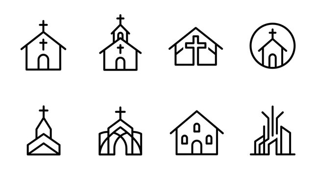 Minimal Church House Logo Line Icons with Cross Steeple Roof and Christian Worship Symbols for Religious Branding and Vector Design