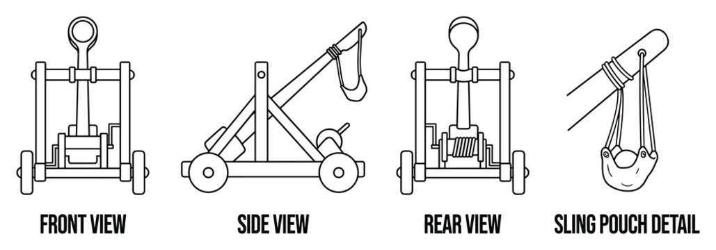 Catapult siege weapon with sling pouch, historical warfare machine, detailed drawing.