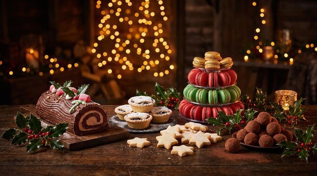 Christmas dessert table with yule log cake mince pies and macaron tower
