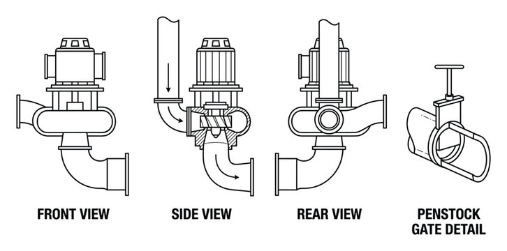 Pump front side rear views with penstock gate detail illustration.