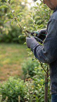 An adult gardener wearing protective gloves carefully prunes a small tree branch with hand pruners in a residential garden. The natural lifestyle scene represents home gardening, plant care, and safe 