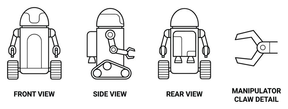 Robot front side rear views with manipulator claw detail on white background.