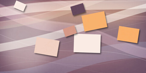 Orange, cream, and deep purple squares drift across layered wave surfaces, producing an energetic upbeat mood for fintech, tech updates, or web banners. © Sergei