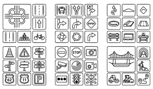 Road Signs Highway Traffic Infrastructure and Navigation Linear Icon Collection