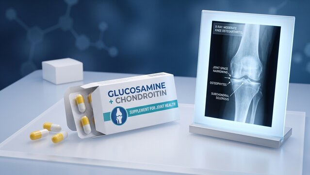 AI generated glucosamine and chondroitin supplement box with blister packs beside knee osteoarthritis x-ray display panel.