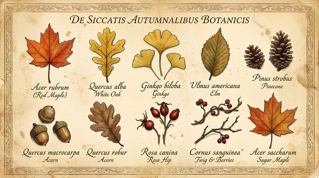 Vintage botanical chart showing various types of autumn leaves.