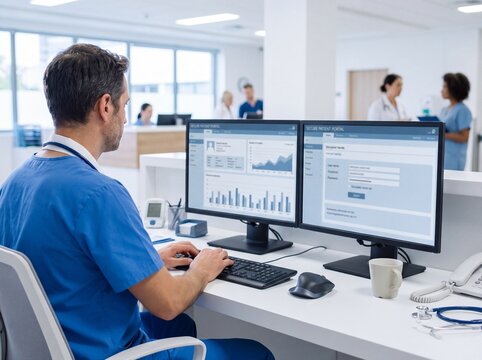 Male medical professional working at computer station with secure patient portal screens showing.