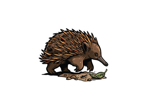 Brown Echidna Walking Beside Leaf And Ants Isolated Vector Illustration