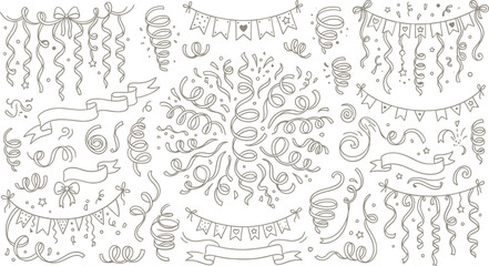 Hand drawn party streamers and confetti set, festive doodle bunting and ribbons vector, celebration decoration elements for events © SanaMuhyUdDin