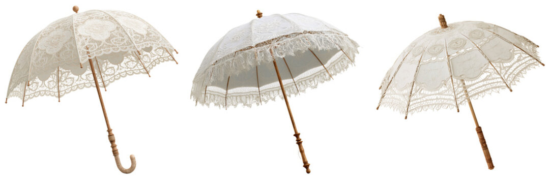 Set of Beautiful ivory lace bridal parasol with intricate ornamental patterns and a vintage wooden handle on transparent png background. Ai generated