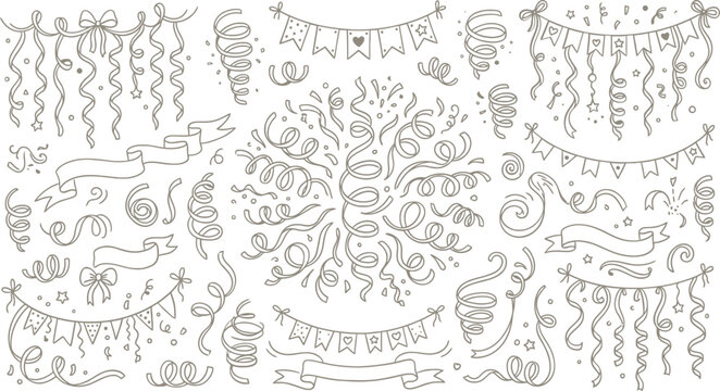 Hand drawn party streamers and confetti set, festive doodle bunting and ribbons vector, celebration decoration elements for events
