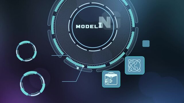 Business modeling motion graphic with data icons, digital simulation interface, analytical workflow, and corporate strategy concept.