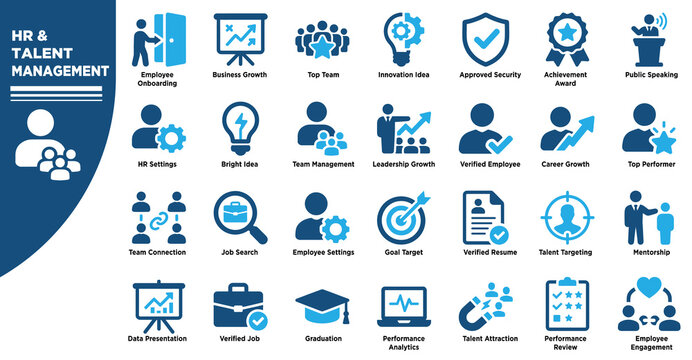 Set of professional human resources and recruitment icons for business management and corporate talent development strategy