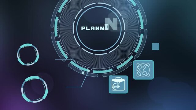 Business planning motion graphic with roadmap icons, strategic workflow interface, organized process visuals, and management concept.
