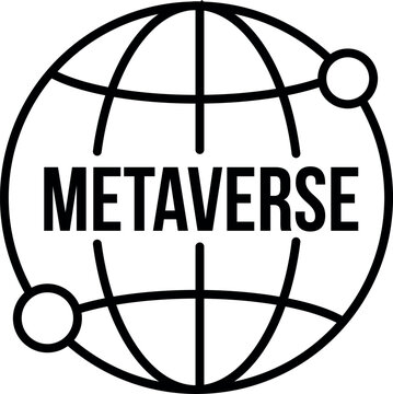Outline illustration of a connected globe labeled metaverse representing virtual worlds, digital ecosystems, online communities and emerging technology concepts