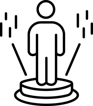 Outline illustration of a hologram person standing on a platform representing virtual avatars, digital identity, projection technology and futuristic communication concepts