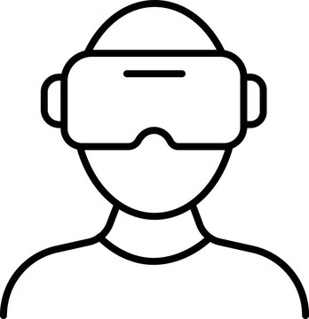 Outline illustration of a person wearing a virtual reality headset for VR gaming, immersive media, digital simulation and futuristic technology concepts
