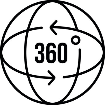 Outline illustration of a globe with 360 degree rotation arrows representing panoramic view, immersive content, virtual tours and interactive digital experiences