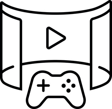 Outline illustration of an immersive screen with play symbol and game controller for VR entertainment, interactive media, streaming and gaming concepts
