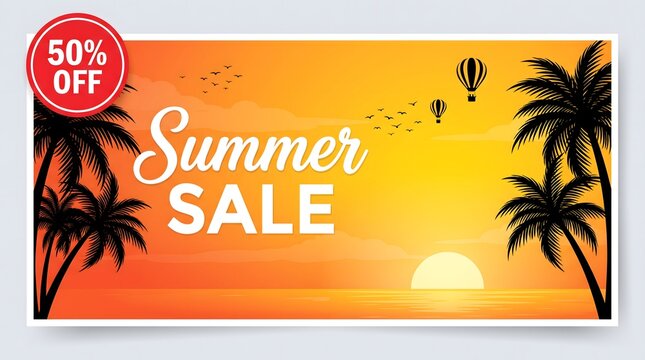 Summer Sale tropical sunset banner with palm trees and discount badge