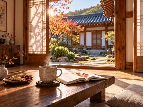 Traditional Korean Hanok Interior with Ginseng Tea and Autumn Courtyard